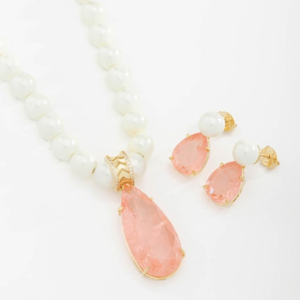 CONJUNTO GOTA PEDRA FUSION ROSA PREMIUM E PÉROLA