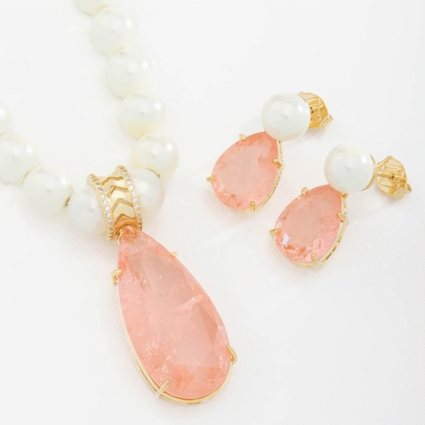 CONJUNTO GOTA PEDRA FUSION ROSA PREMIUM E PÉROLA - Imagem 2